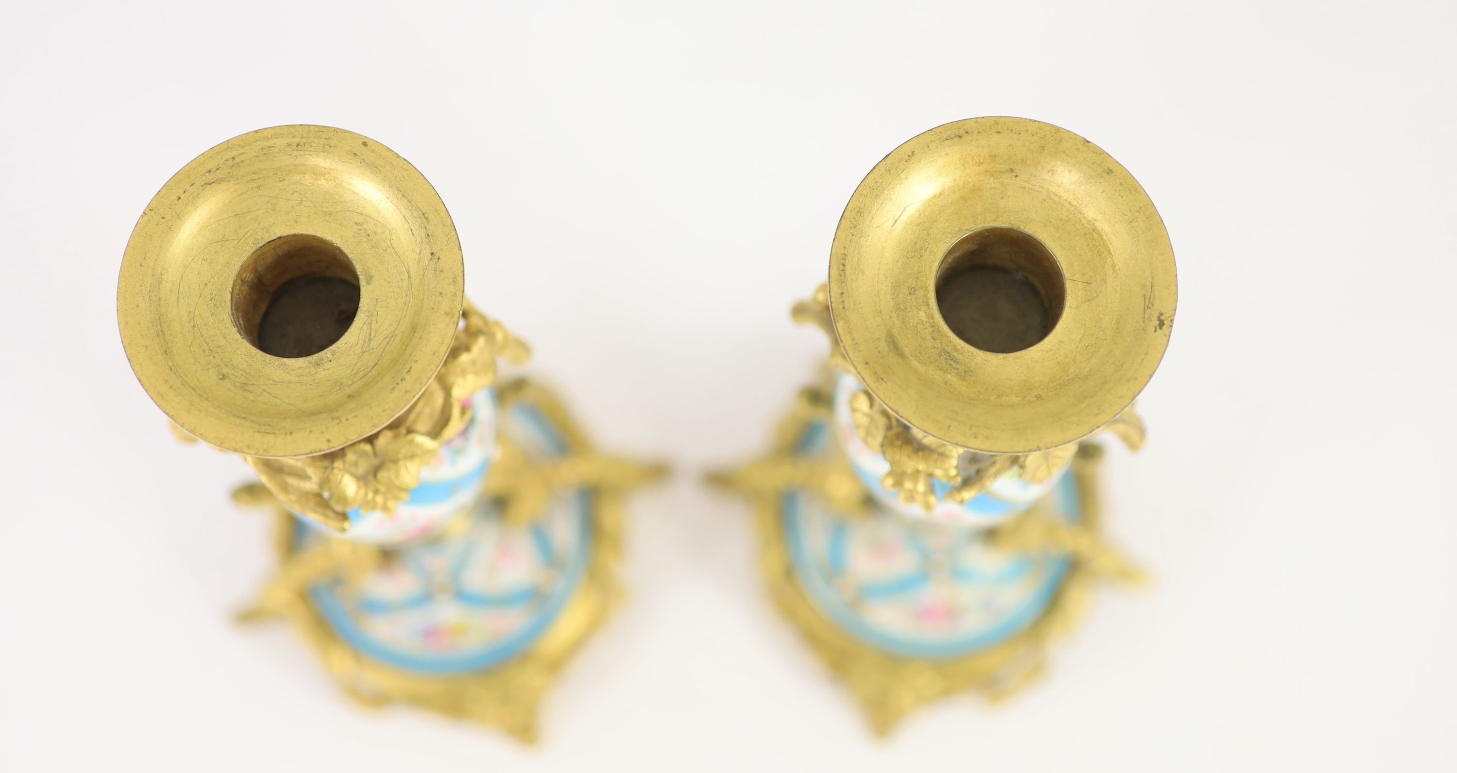A pair of 19th century ormolu mounted Sevres style jewelled porcelain candlesticks, height 23cm